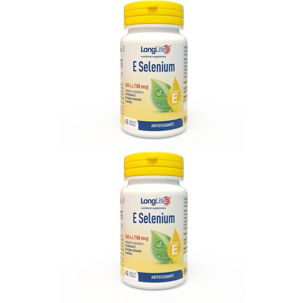 Due flaconi di Longlife E Selenium con tappi gialli ed etichette che indicano antiossidanti.