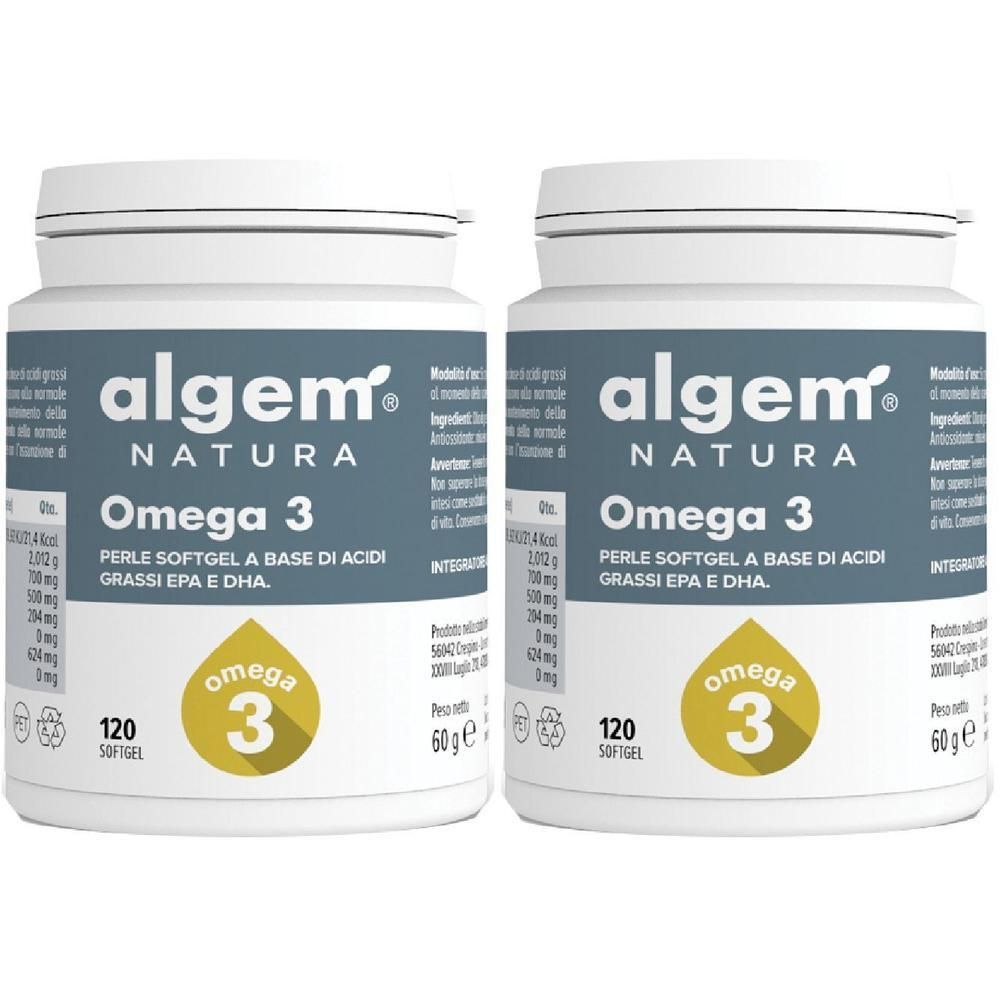 Due flaconi di Algem Natura Omega 3 Softgel, 120 perle ciascuno.