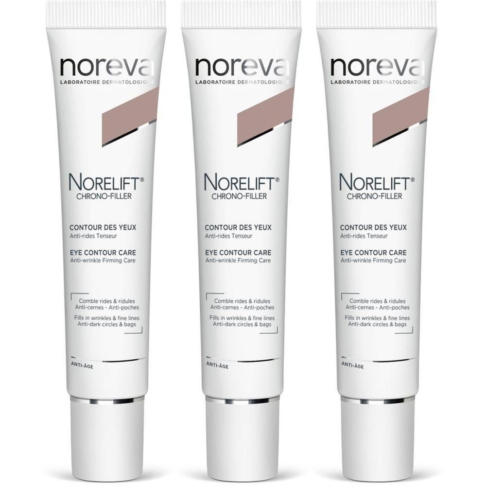 Tre tubetti Noreva Norelift Chrono-Filler Trattamento Contorno Occhi e Labbra.