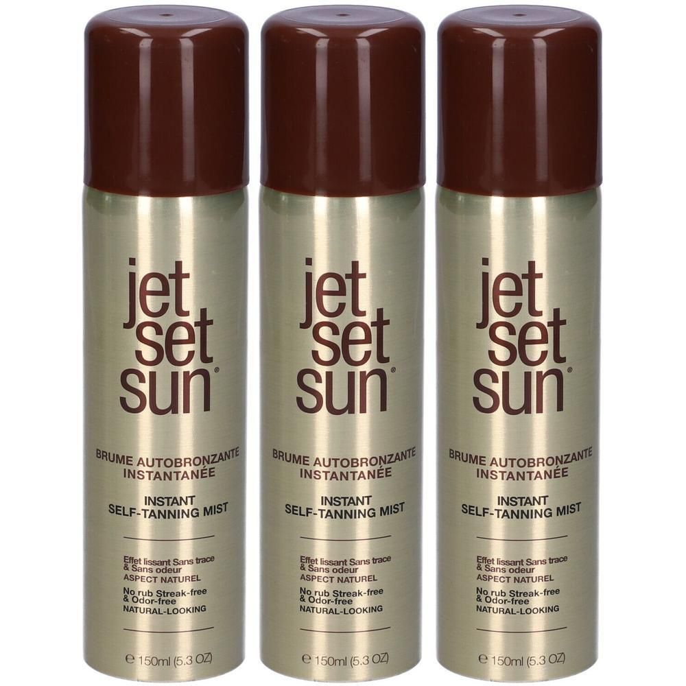 Tre bombolette spray autoabbronzante Jet Set Sun.