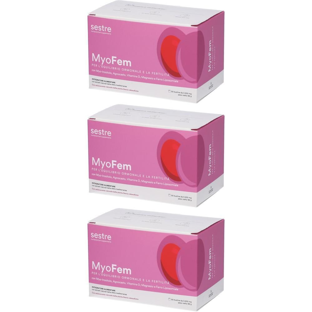Tre confezioni di Sestre MyoFem, design rosa e bianco. Mostra una rappresentazione stilizzata del sistema riproduttivo femminile.