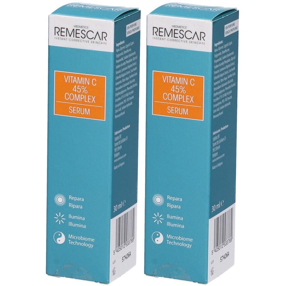 Due confezioni di Remescar Vitamina C 45% Complex Siero, 30ml ciascuna. Scatole blu con scritte arancioni.
