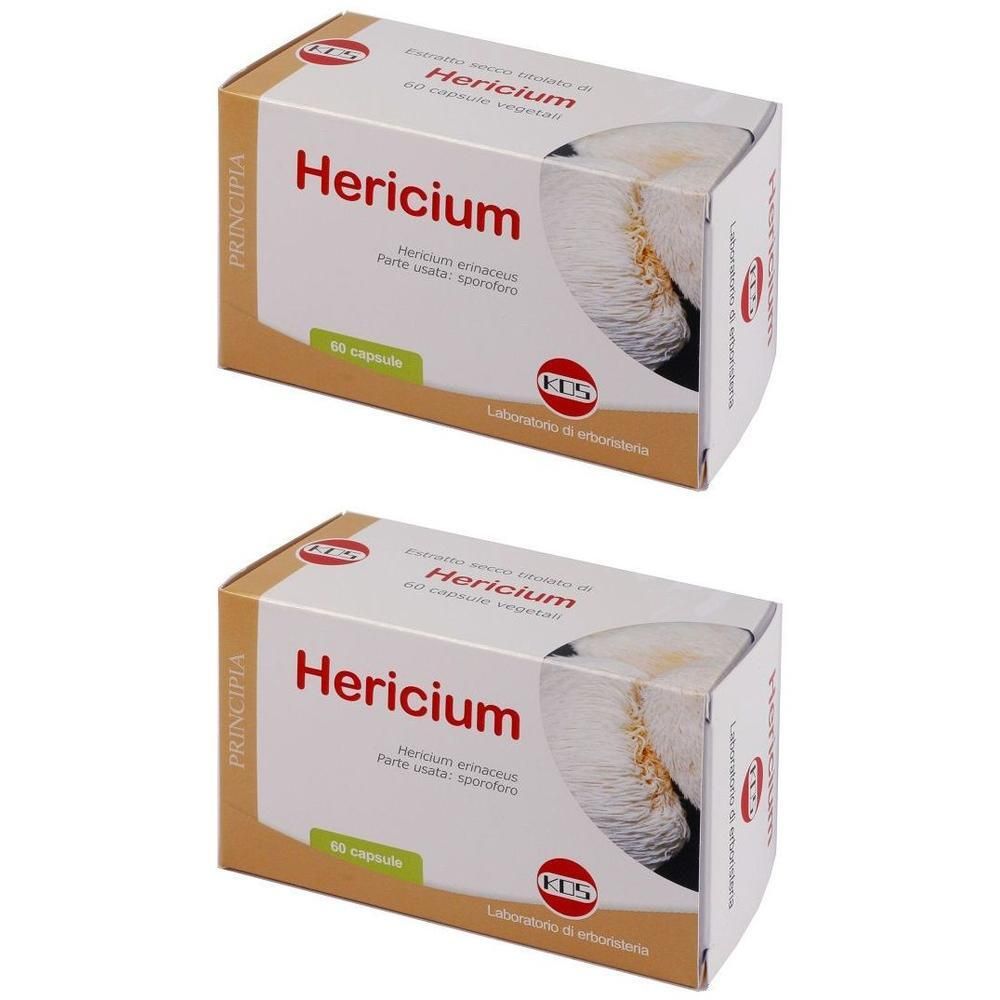 Due confezioni di capsule KOS Hericium da 60 capsule ciascuna. La confezione mostra un fungo.