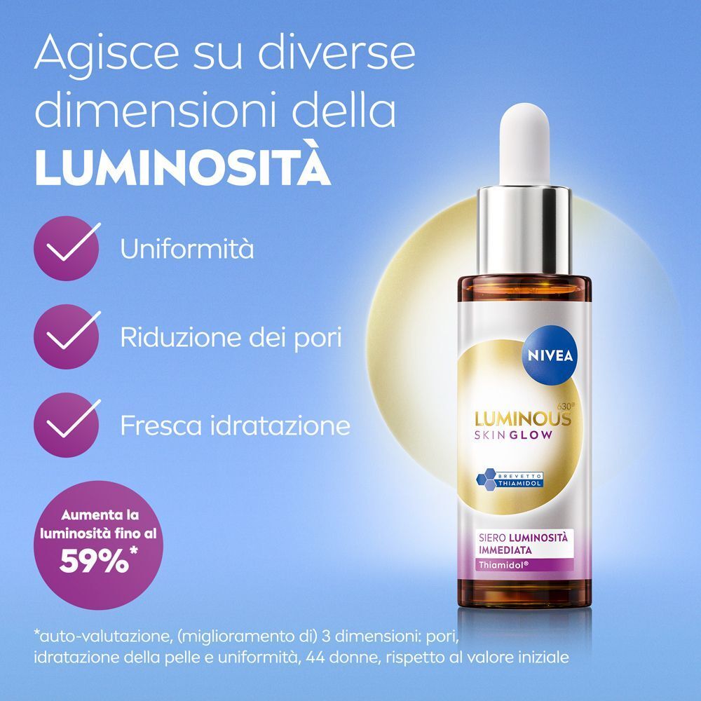 Flacone di siero Nivea Luminous630 Skin Glow. Testo: Agisce su diverse dimensioni della luminosità. Uniformità, riduzione pori.