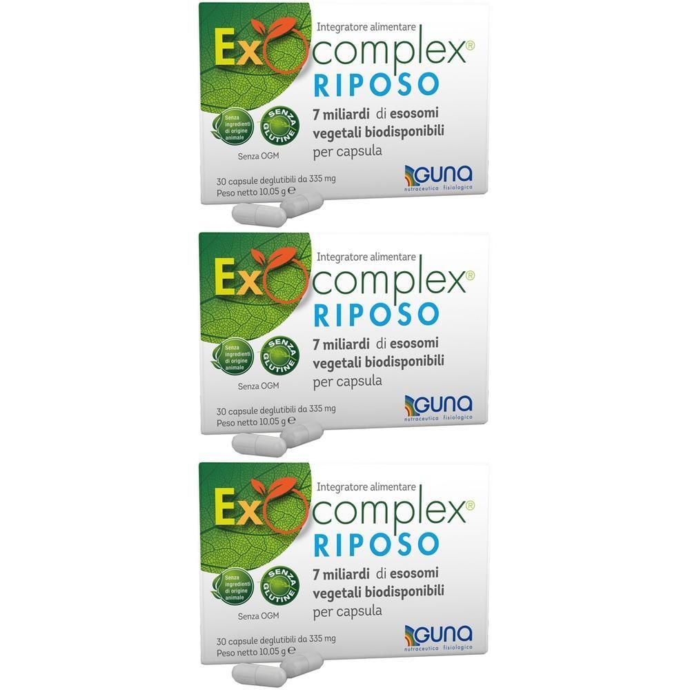 Tre confezioni di Exocomplex Riposo da 30 capsule. Contiene 7 miliardi di esosomi vegetali.