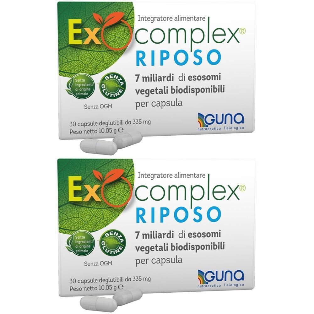 Due confezioni di capsule Exocomplex Riposo, 30 capsule ciascuna. Senza glutine, senza OGM.