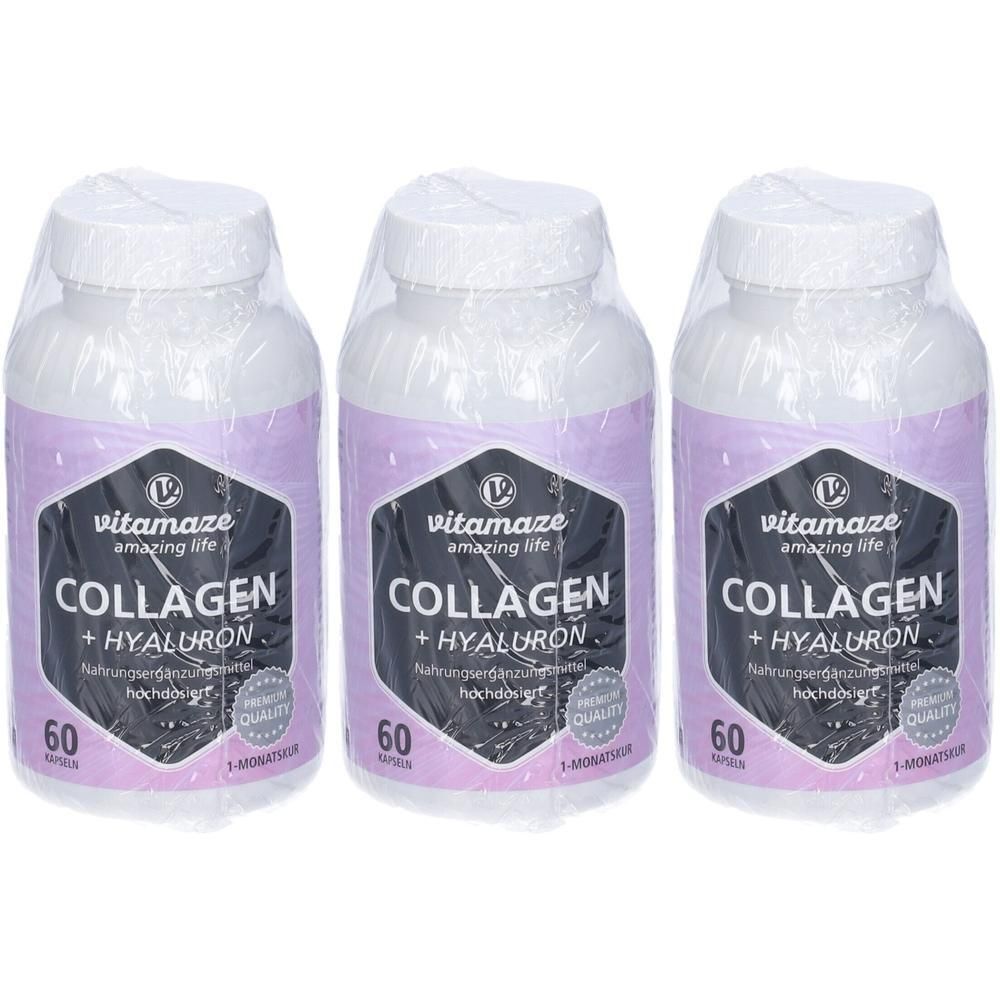 Tre flaconi di Vitamaze Collagen + Hyaluron, 60 capsule ciascuno.