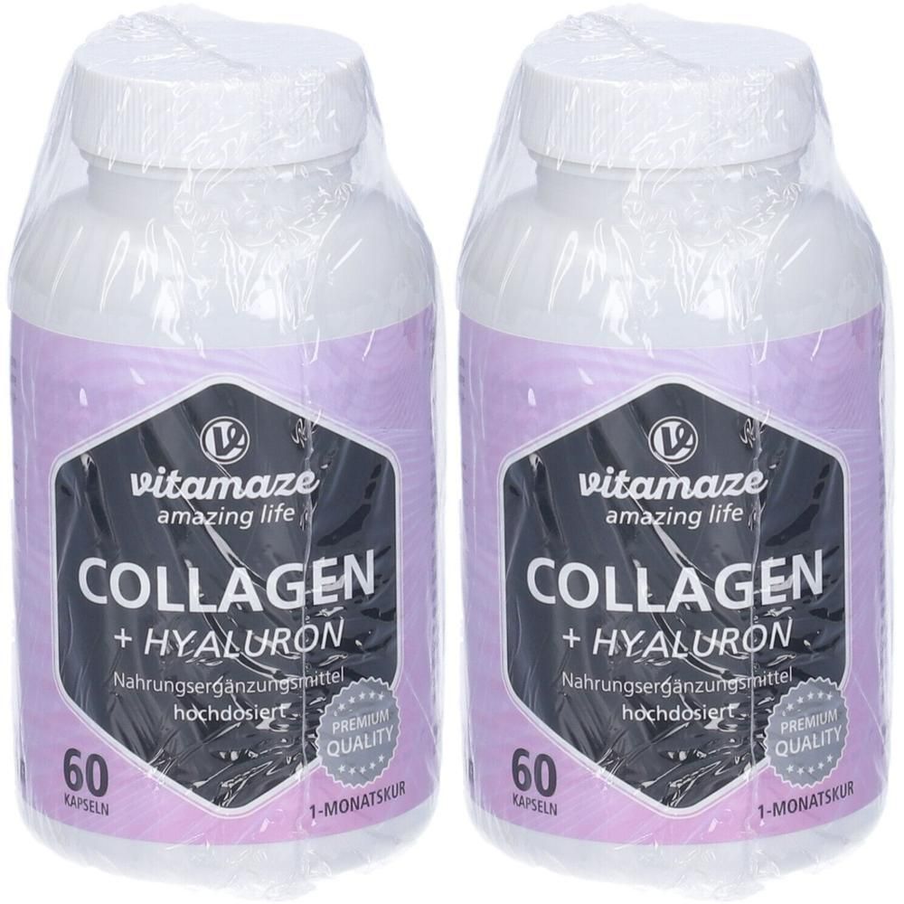 Due flaconi di capsule Vitamaze Collagen + Hyaluron, 60 capsule ciascuno.
