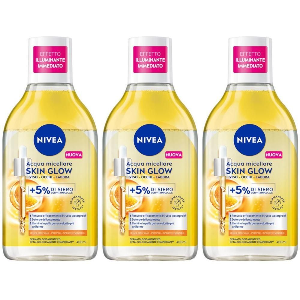 Nivea Acqua Micellare Skin Glow 400 ml, Struccante viso e occhi con 5% siero + Aminoacid Complex