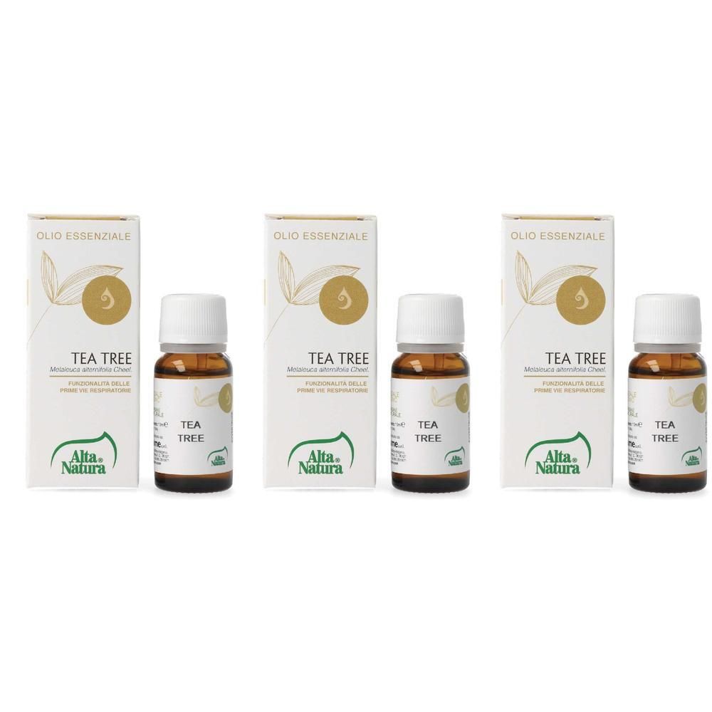 Tre flaconi di olio essenziale di tea tree Alta Natura® con confezione. Flaconi in vetro marrone con tappi bianchi.