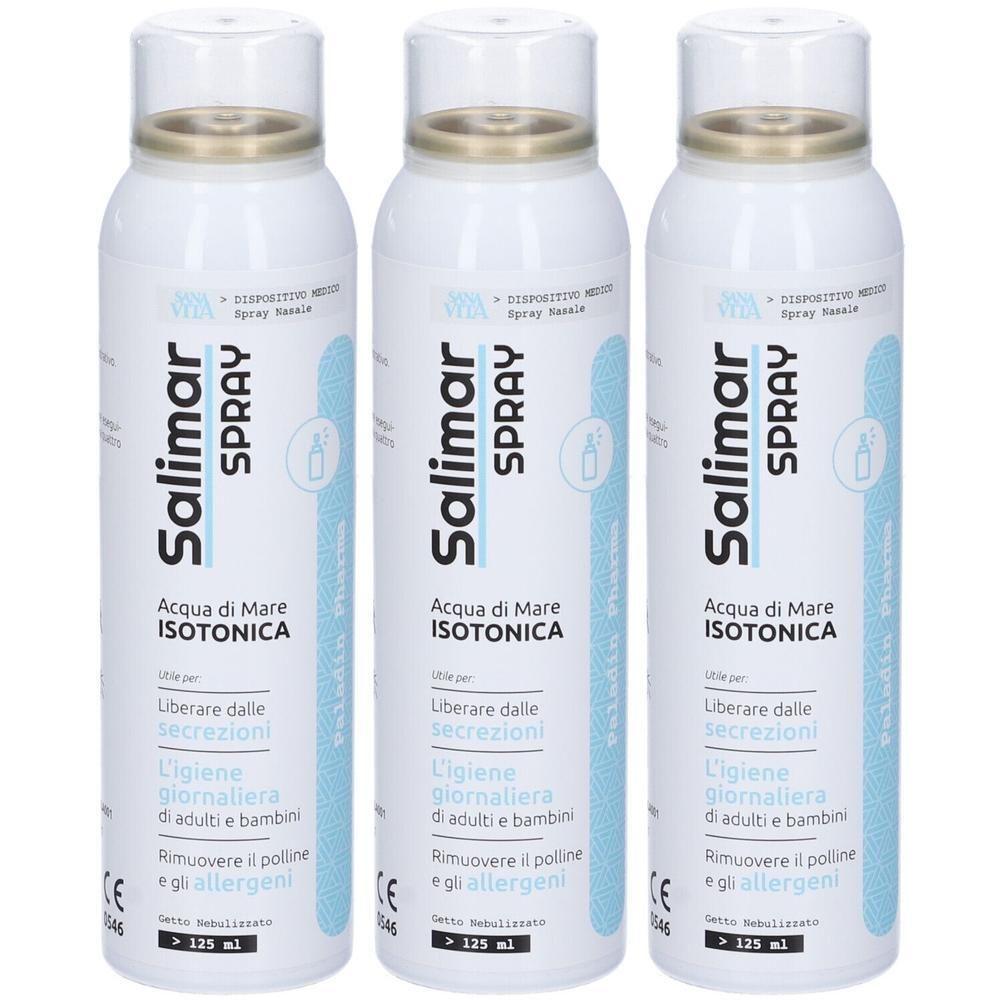 Tre spray nasali Salimar con soluzione isotonica di acqua di mare. 125 ml per flacone.