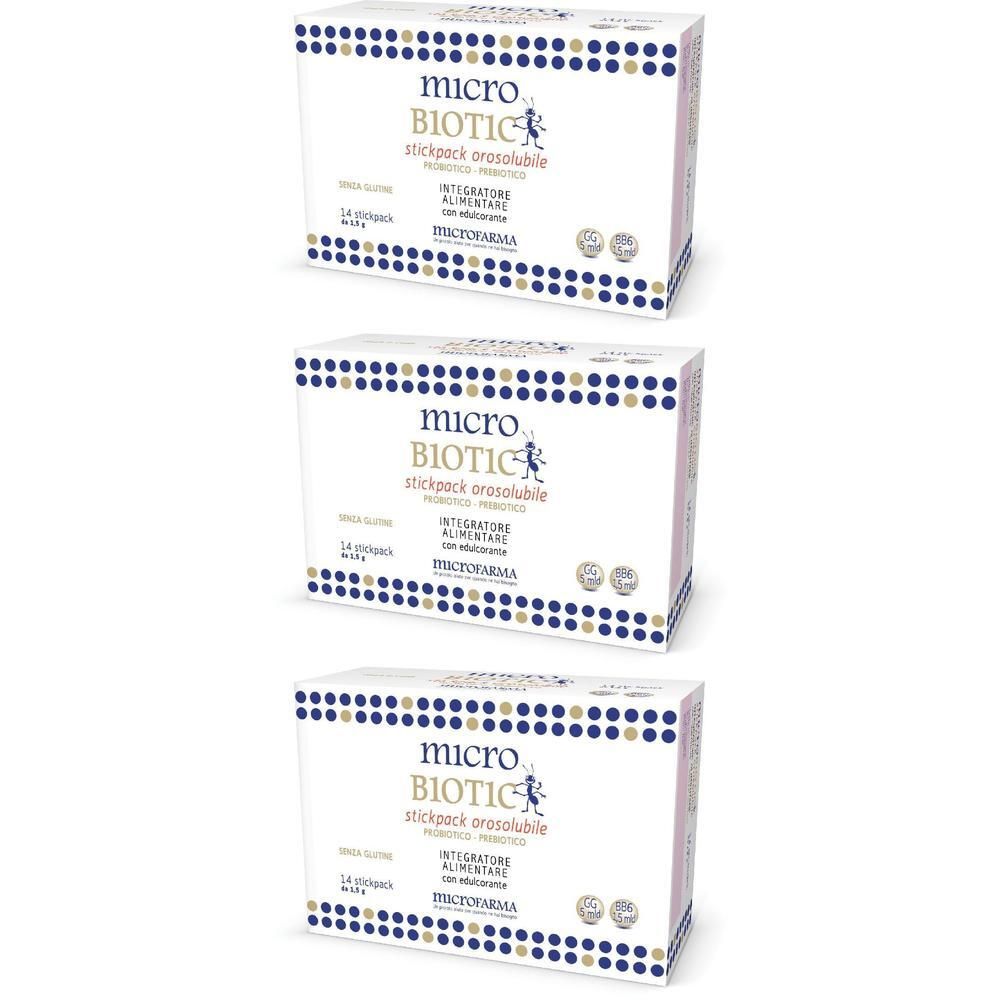 Tre confezioni di Microbiotic Stick Pack, integratore alimentare con probiotici.