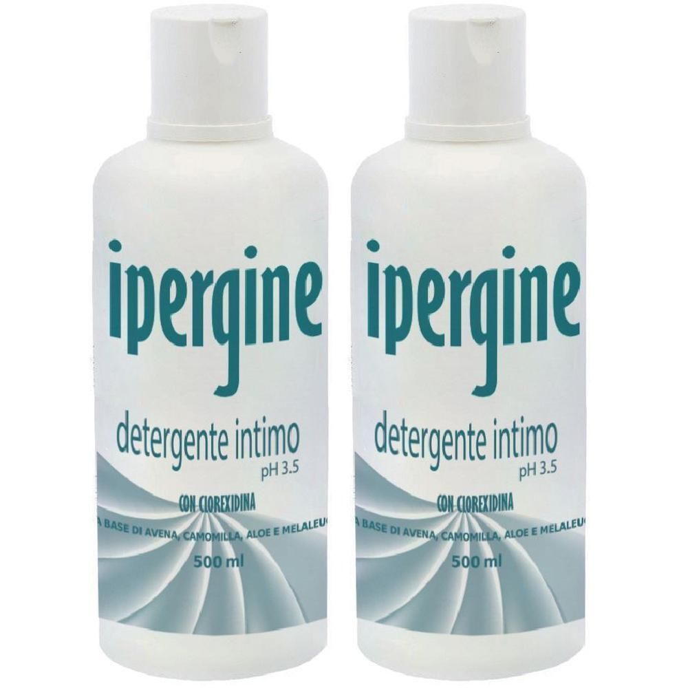 Due flaconi di detergente intimo Ipergine, 500 ml ciascuno, con clorexidina, pH 3.5.