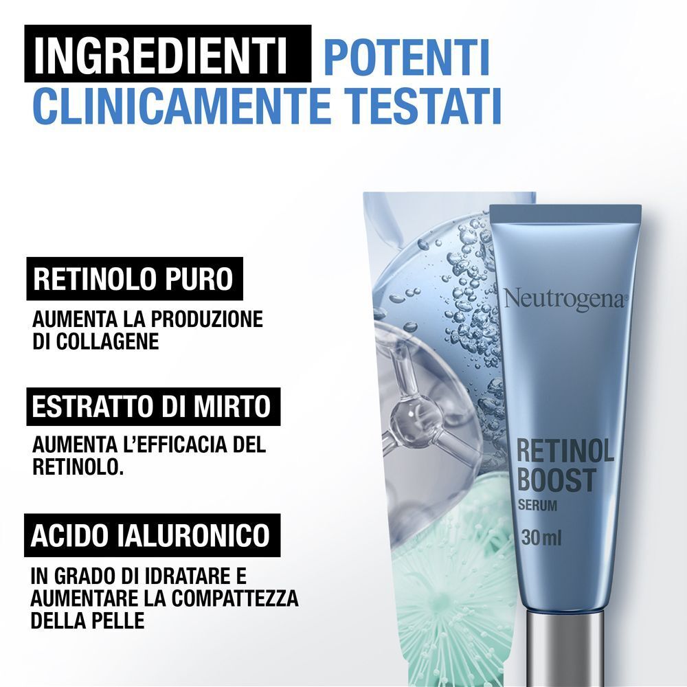 Flacone di siero Neutrogena Retinol Boost da 30ml con dispenser, vicino a testo sugli ingredienti.