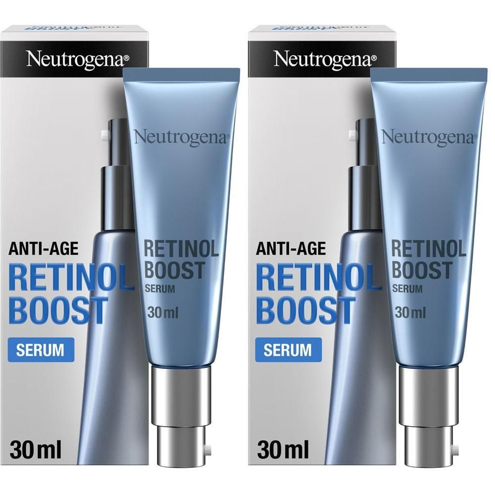 Due flaconi di siero Neutrogena Retinol Boost 30ml con dispenser a pompa e scatole.