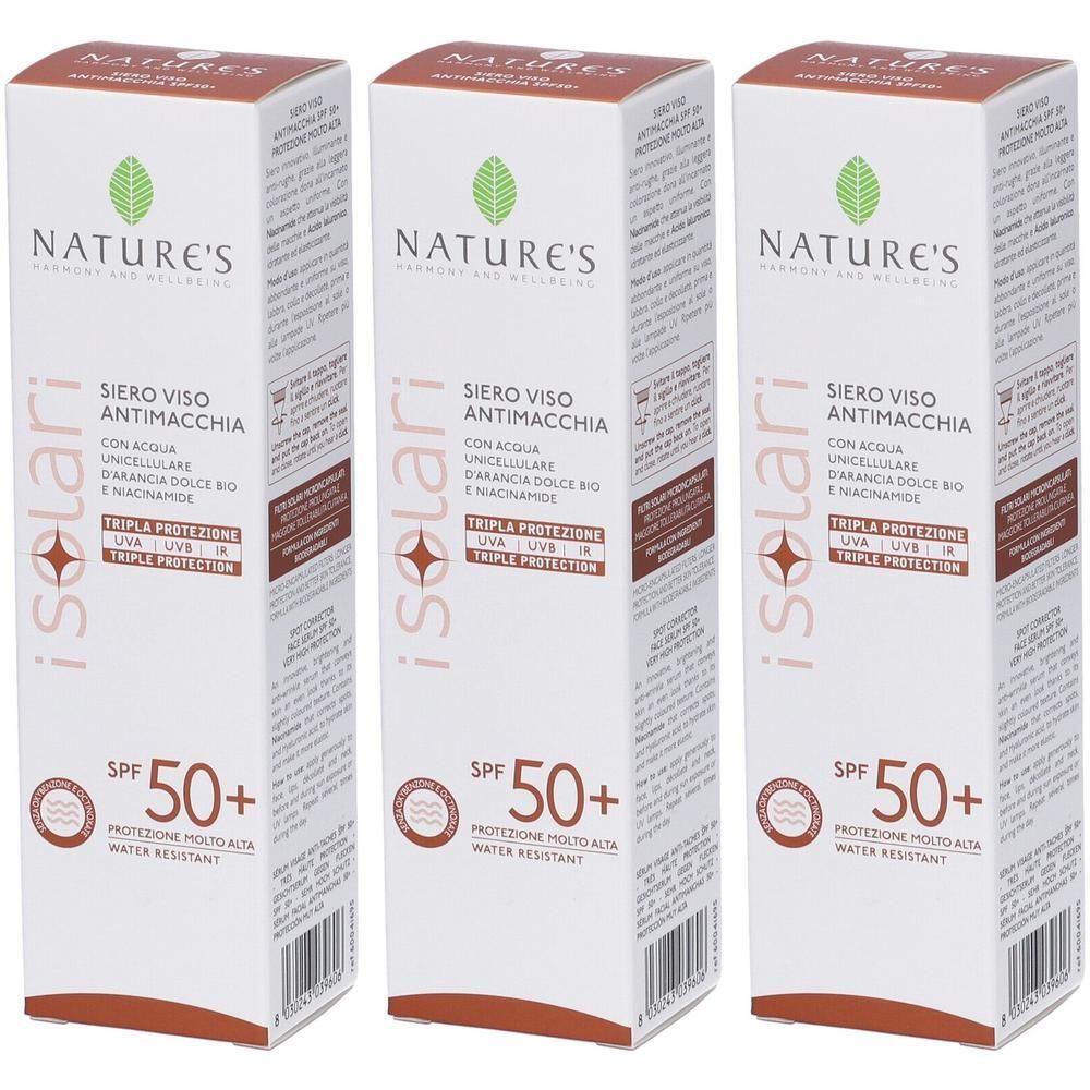Tre confezioni di Nature's Isolari Siero Viso Antimacchia SPF50+. Protezione UVA, UVB e IR.