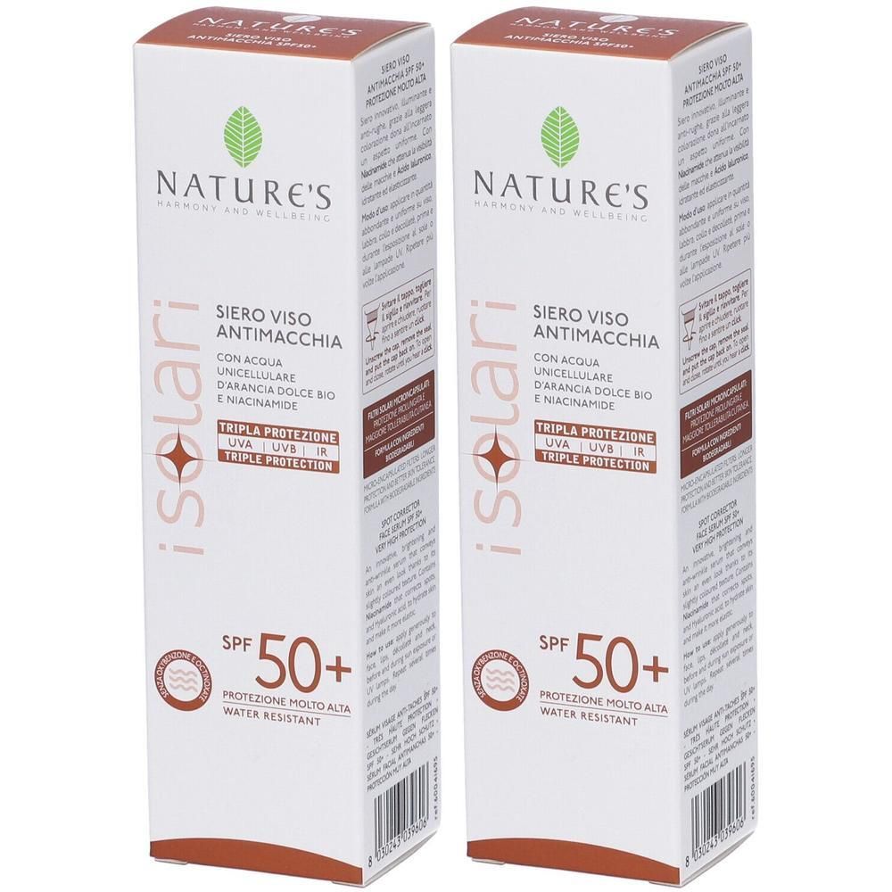 Due flaconi di siero viso Nature's i solari SPF 50+ nella confezione originale. Offre tripla protezione.