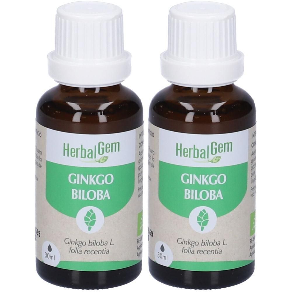 Due flaconi di gocce HerbalGem Ginkgo Biloba, 30ml ciascuno.