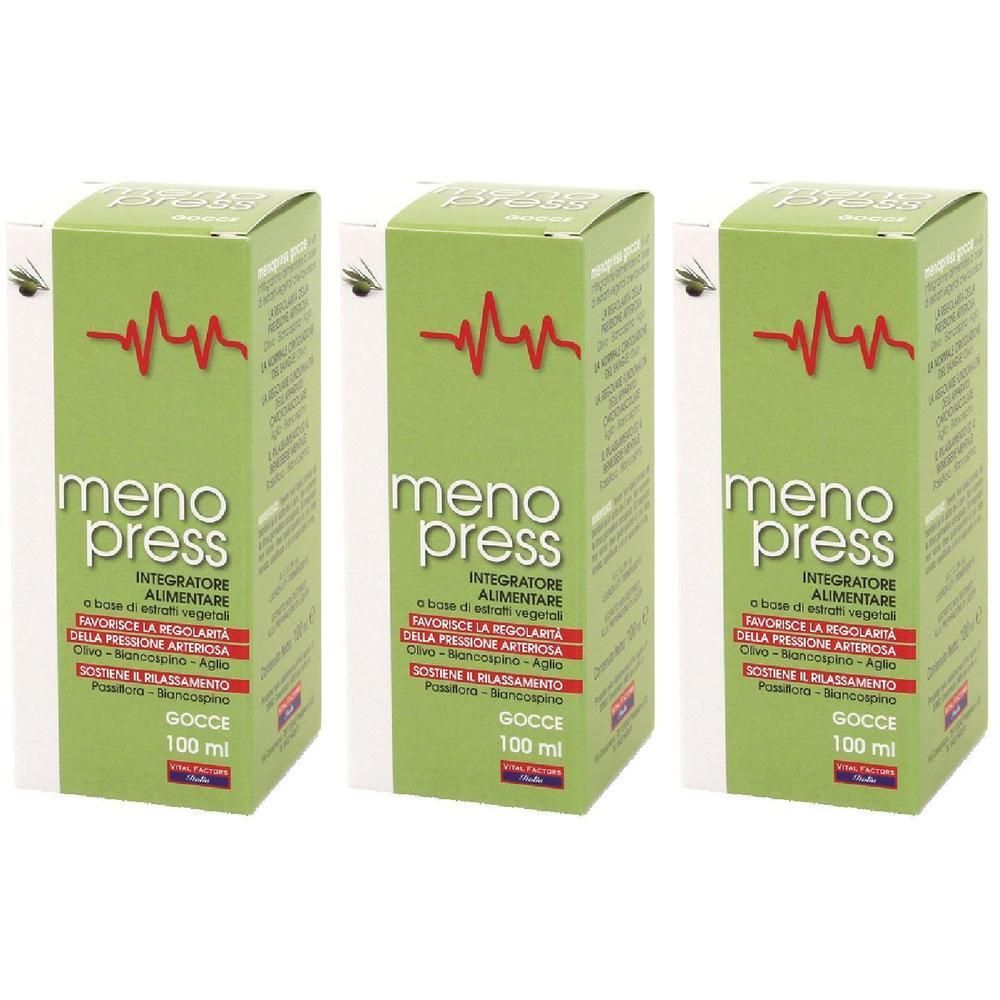 Tre scatole verdi del Meno Press Gocce integratore alimentare.