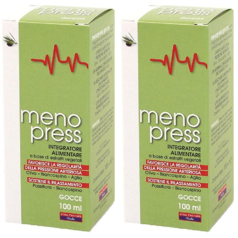 Due scatole verdi per Meno Press Gocce, con simbolo di battito cardiaco e informazioni sul prodotto.