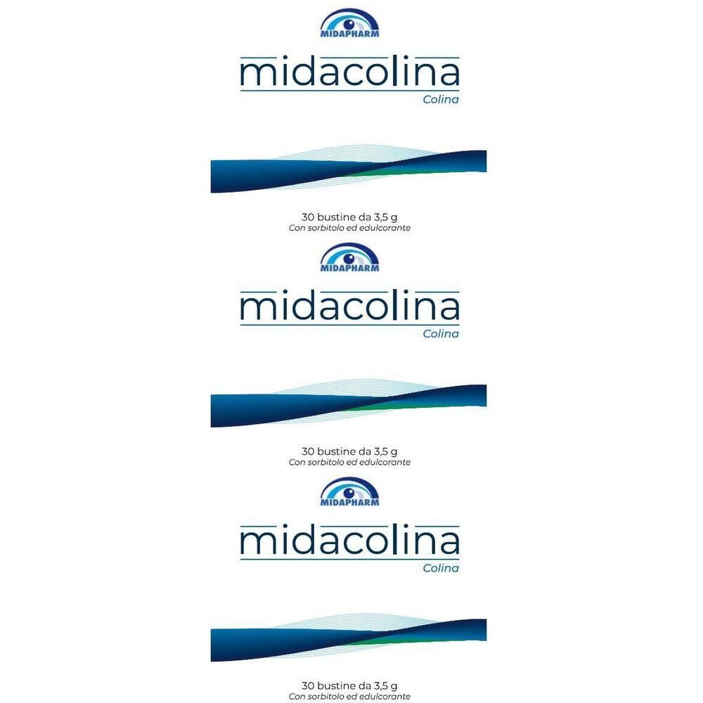 Bustine Midacolina Colina: 30 bustine da 3,5 g con sorbitolo ed edulcorante.