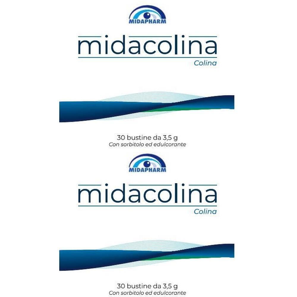 Bustine Midacolina Colina: 30 bustine da 3,5 g con sorbitolo ed edulcorante.