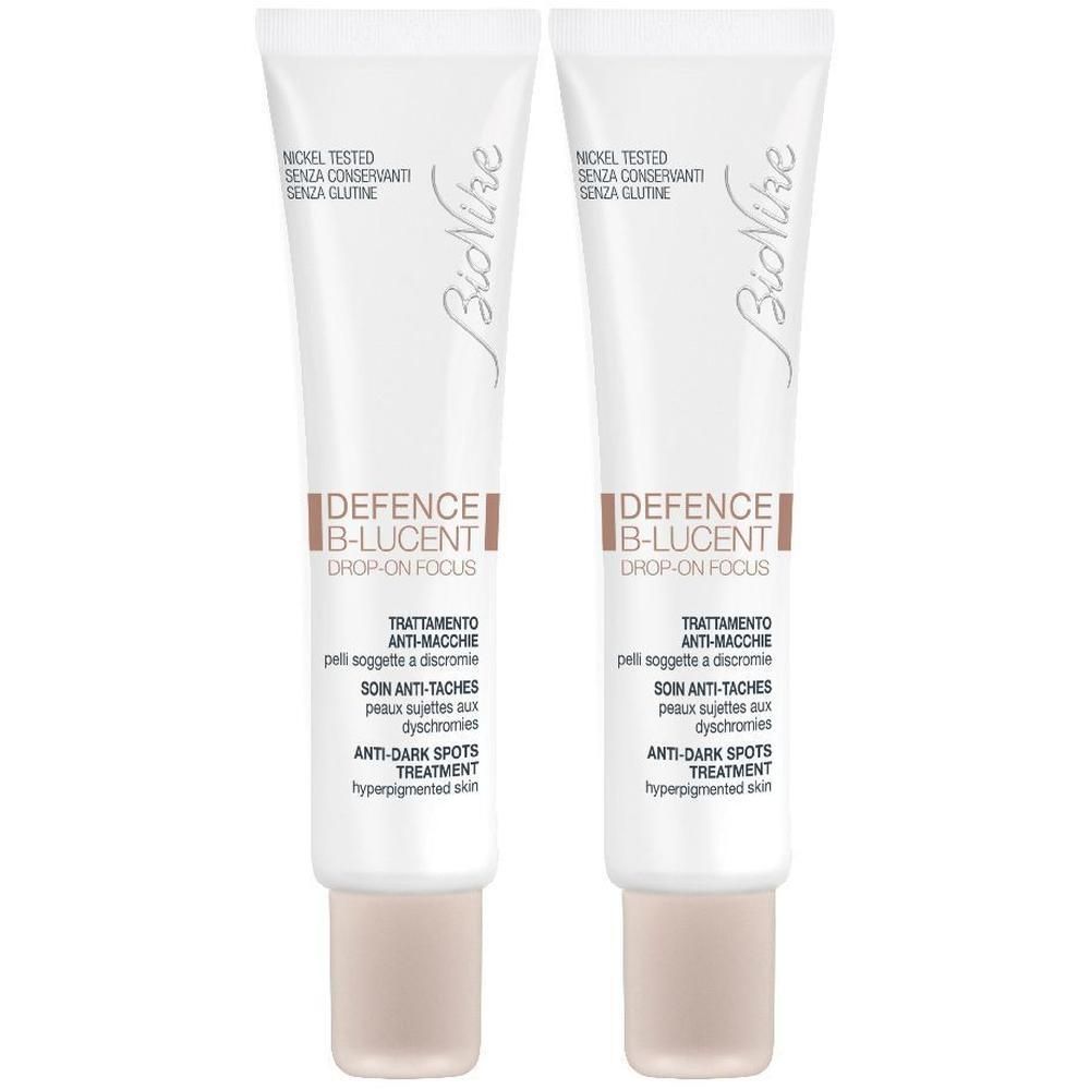 Due tubetti BioNike Defence B-Lucent Drop-On Focus per la pelle.