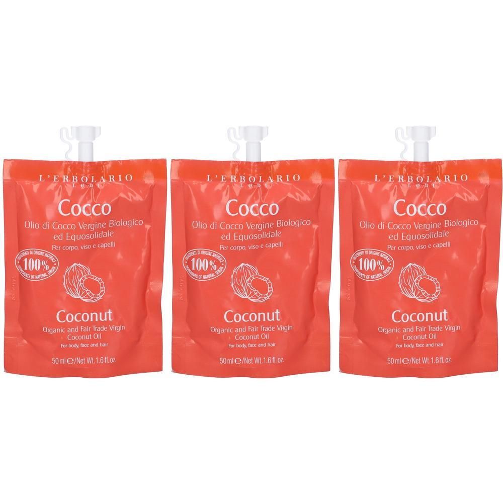 Tre bustine arancioni di L'Erbolario Olio di Cocco, 50ml.