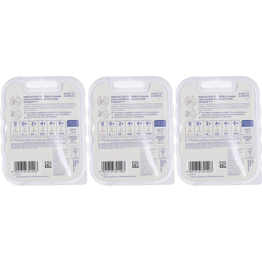 Tre confezioni di tettarelle MAM in blister trasparente. Ogni confezione contiene quattro tettarelle con diverse velocità di flusso.