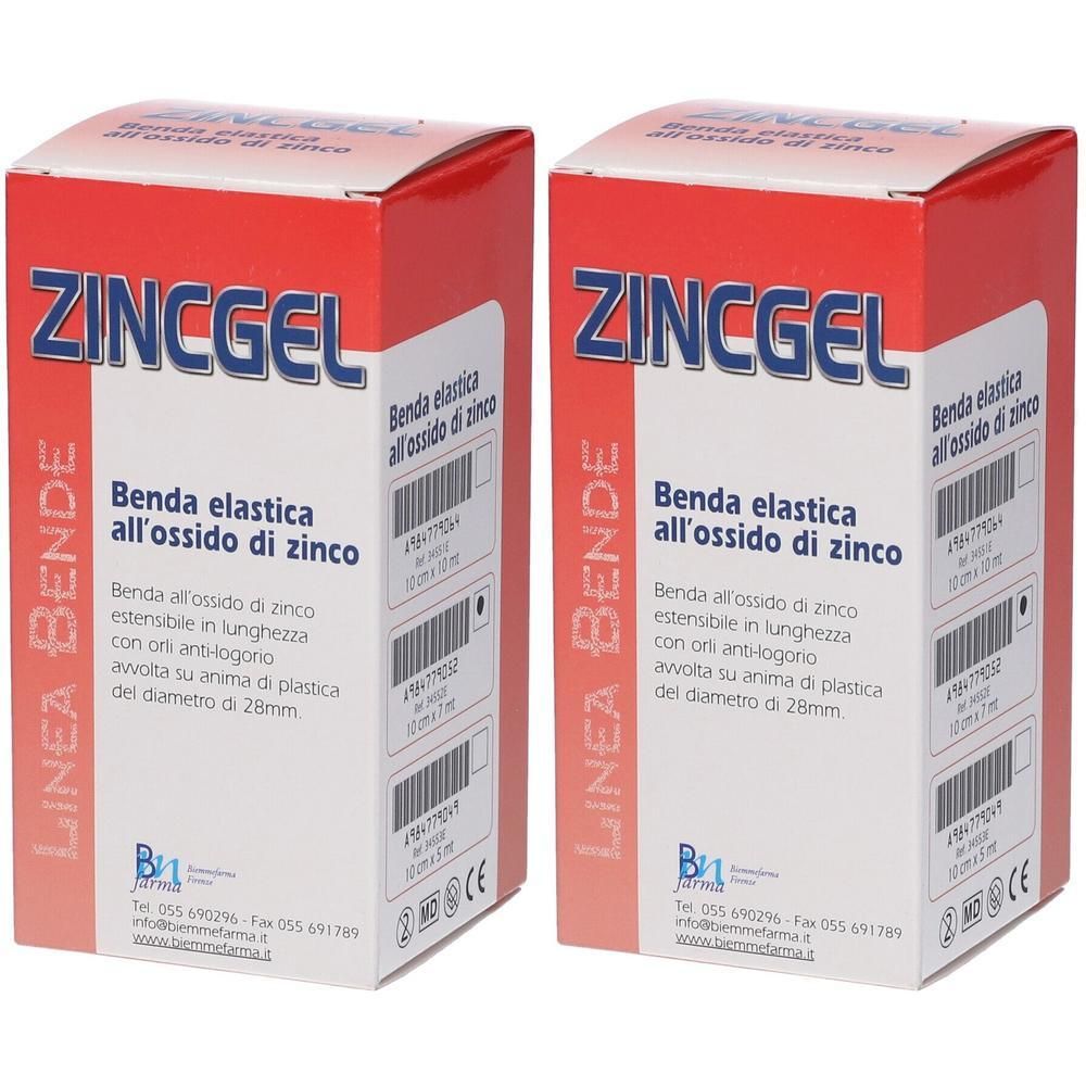 Due confezioni di benda elastica ZINGEL all'ossido di zinco. Scritta in italiano.