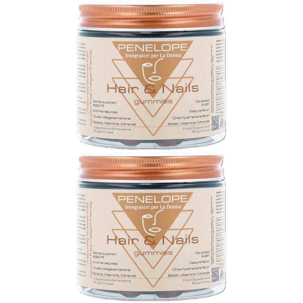 Due barattoli di caramelle gommose Penelope Hair & Nails. Integratore alimentare per donne.