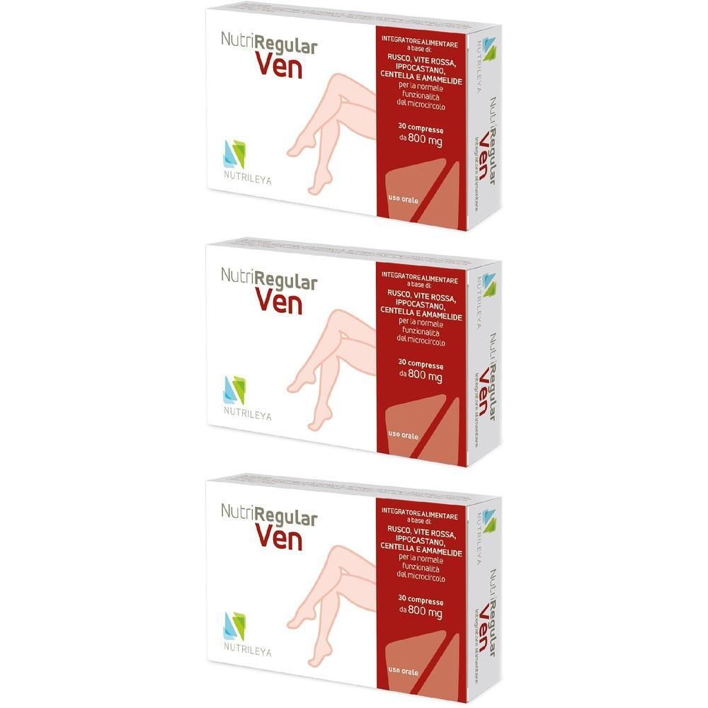 Tre confezioni di NutriRegular Ven con immagine di gambe. Contiene 30 compresse da 800 mg.