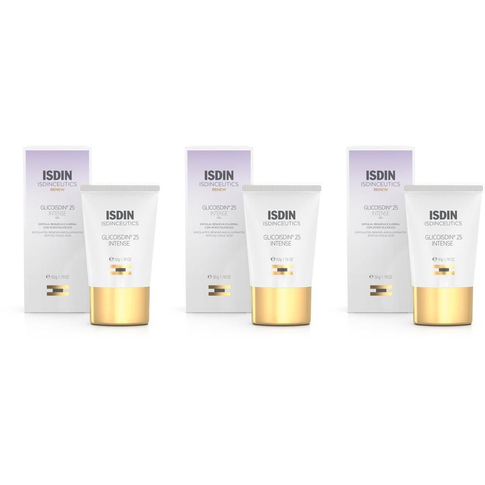 Tre tubi ISDIN Isdinceutics Glicoisdin 25 Intense con scatole.
