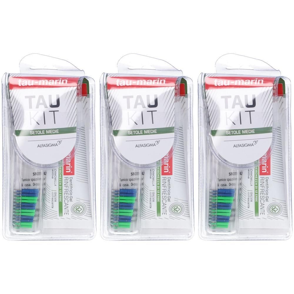 Tre kit Tau con spazzolini a setole medie, confezionati.