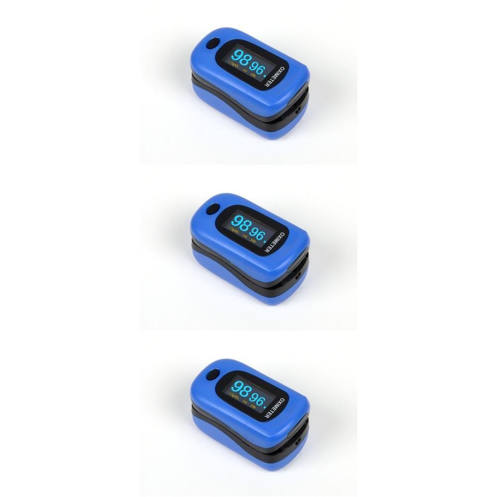 Tre pulsossimetri blu con display nero che mostra 98% di saturazione e 89 battiti.