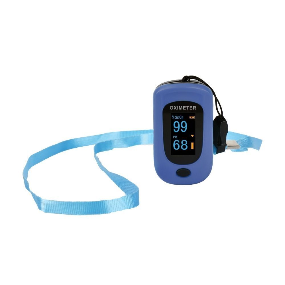 Pulsossimetro digitale blu con display e laccetto blu.