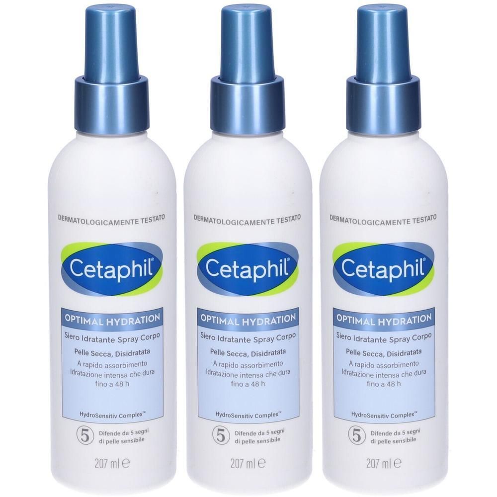 Tre flaconi spray per il corpo Cetaphil Optimal Hydration con erogatori blu.