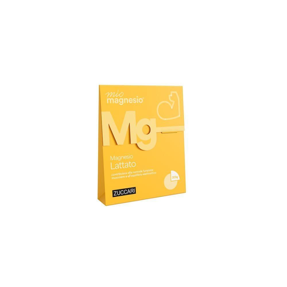 Confezione Zuccari Mio Magnesio Lattato con simbolo Mg e cuore. Scatola gialla.