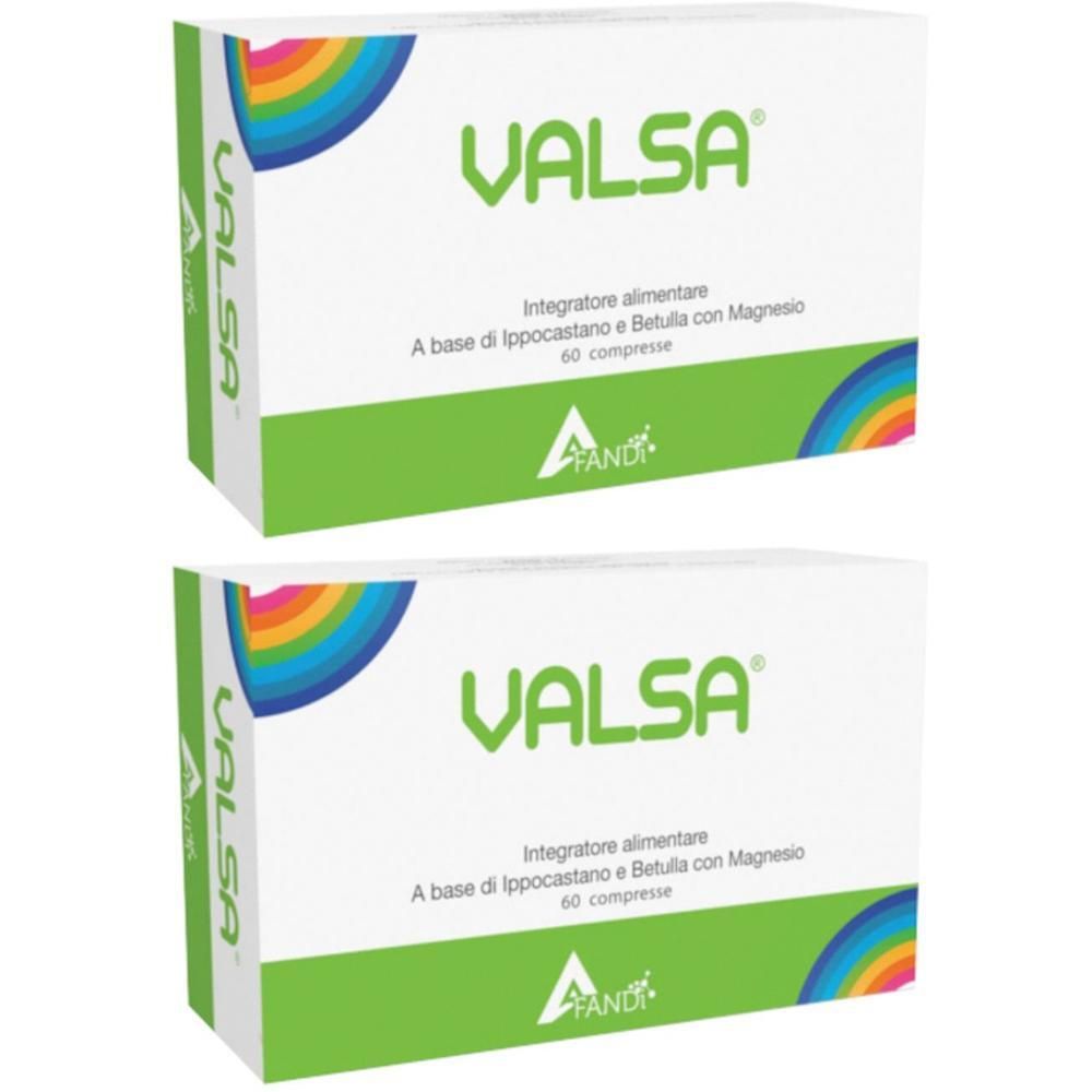 Due confezioni di Valsa, integratore alimentare da 60 compresse, con design arcobaleno.