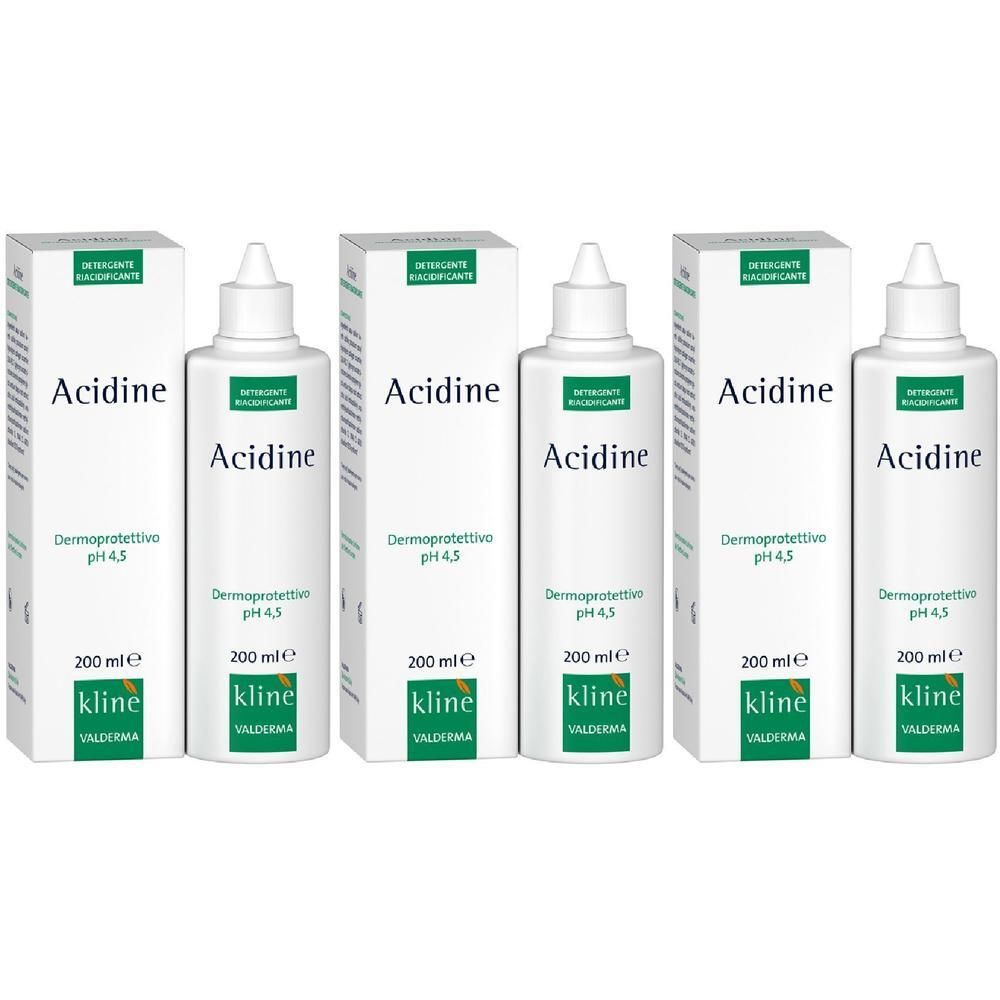 Tre flaconi bianchi con etichetta bianca, etichettati 'Acidine', 'Dermoprotettivo pH 4,5', '200 ml e' e 'kline VALDERMA'.