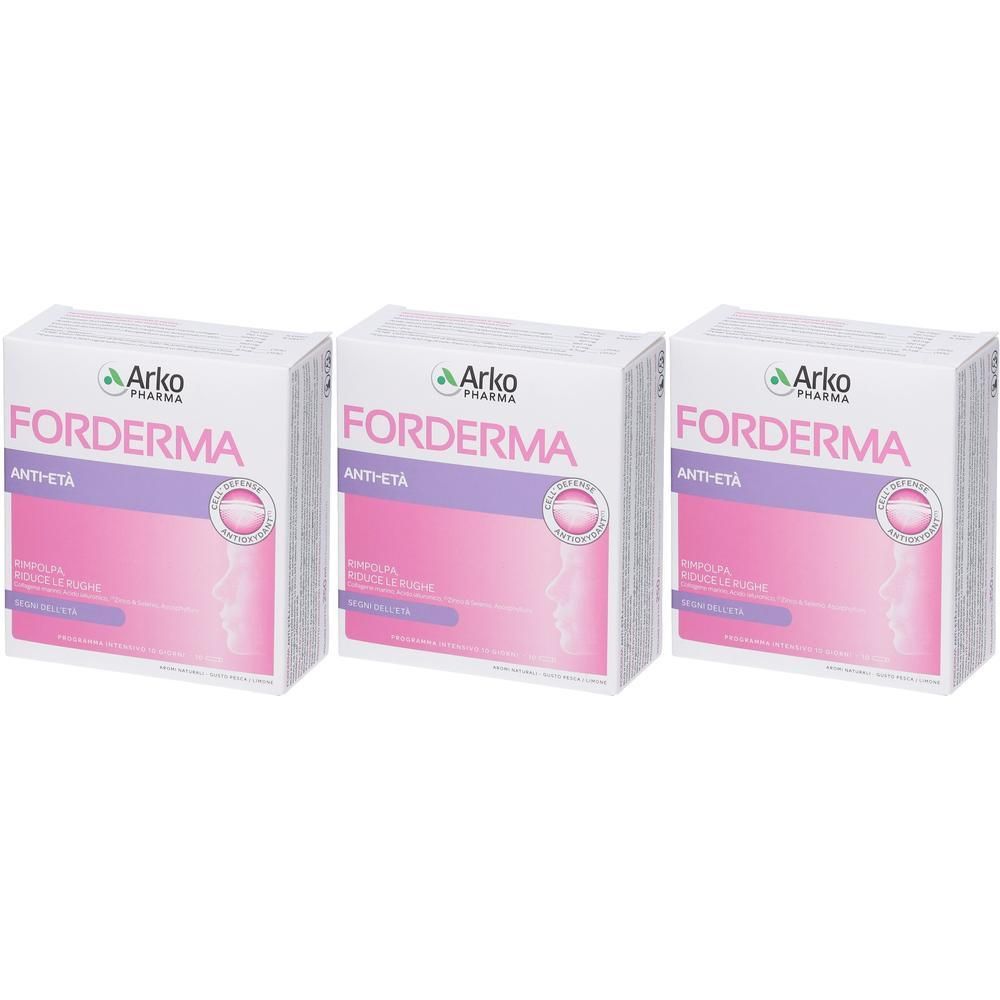 Tre confezioni Arko Pharma FORDERMA ANTI-ETA. Scatole bianche con accenti rosa e viola.