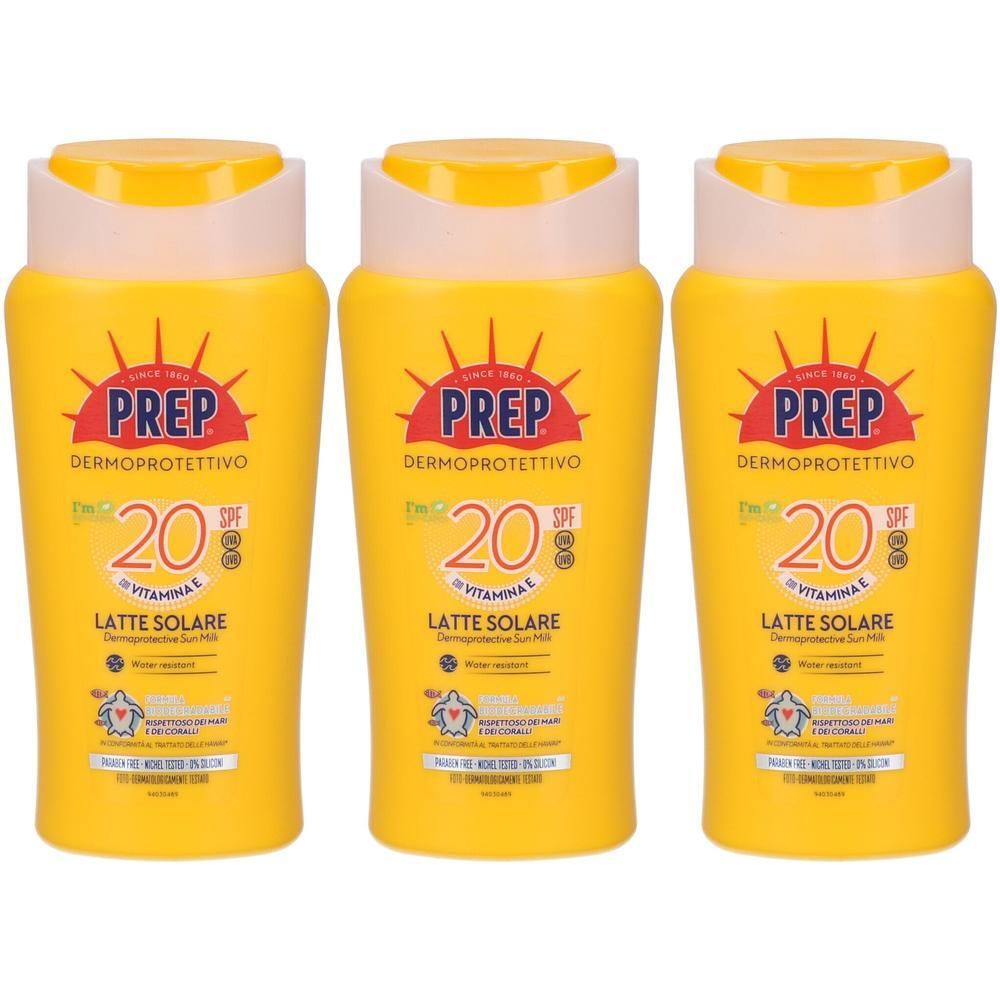 Tre flaconi gialli di PREP Latte Solare Dermoprotettivo SPF 20 con Vitamina E.