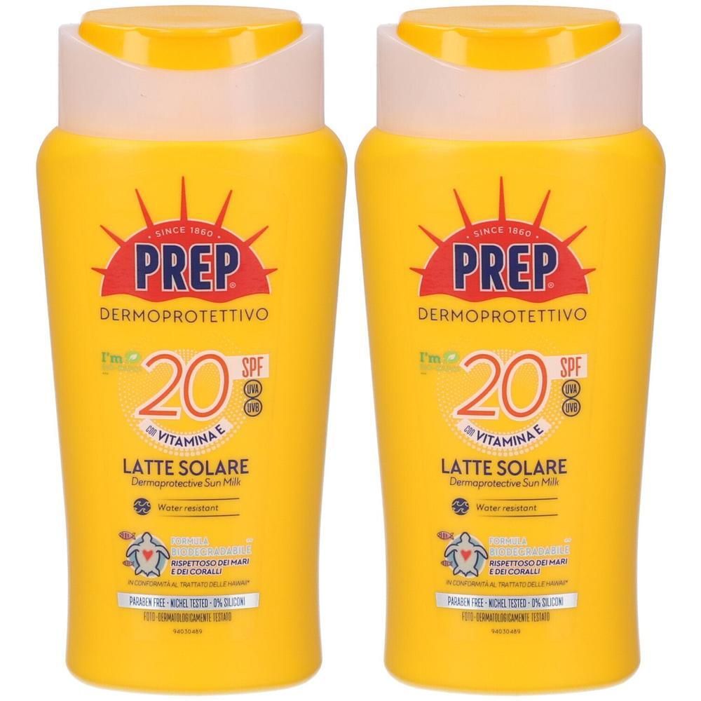 Due flaconi gialli PREP® Latte Solare Dermoprotettivo SPF 20 con simbolo sole e vitamina E.