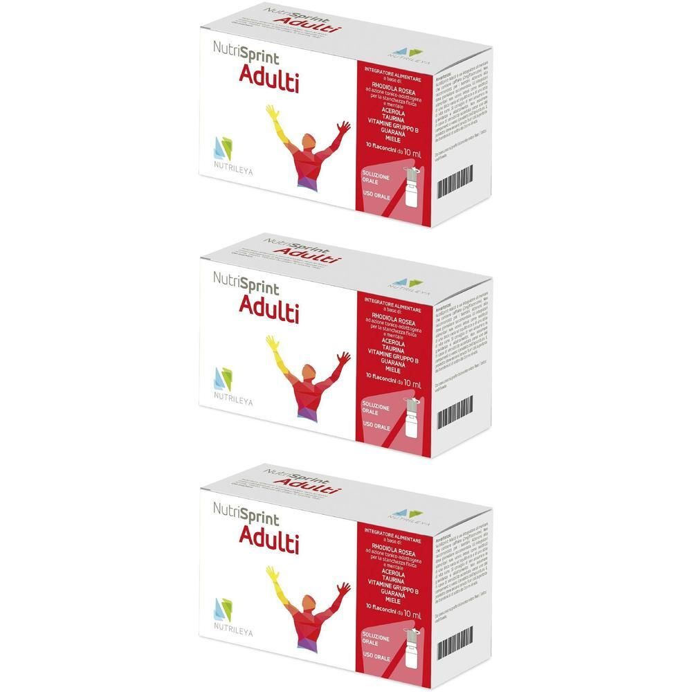 Tre confezioni di Nutrisprint Adulti, ciascuna con 10 flaconcini da 10 ml. Figure rosse e gialle su scatola bianca.