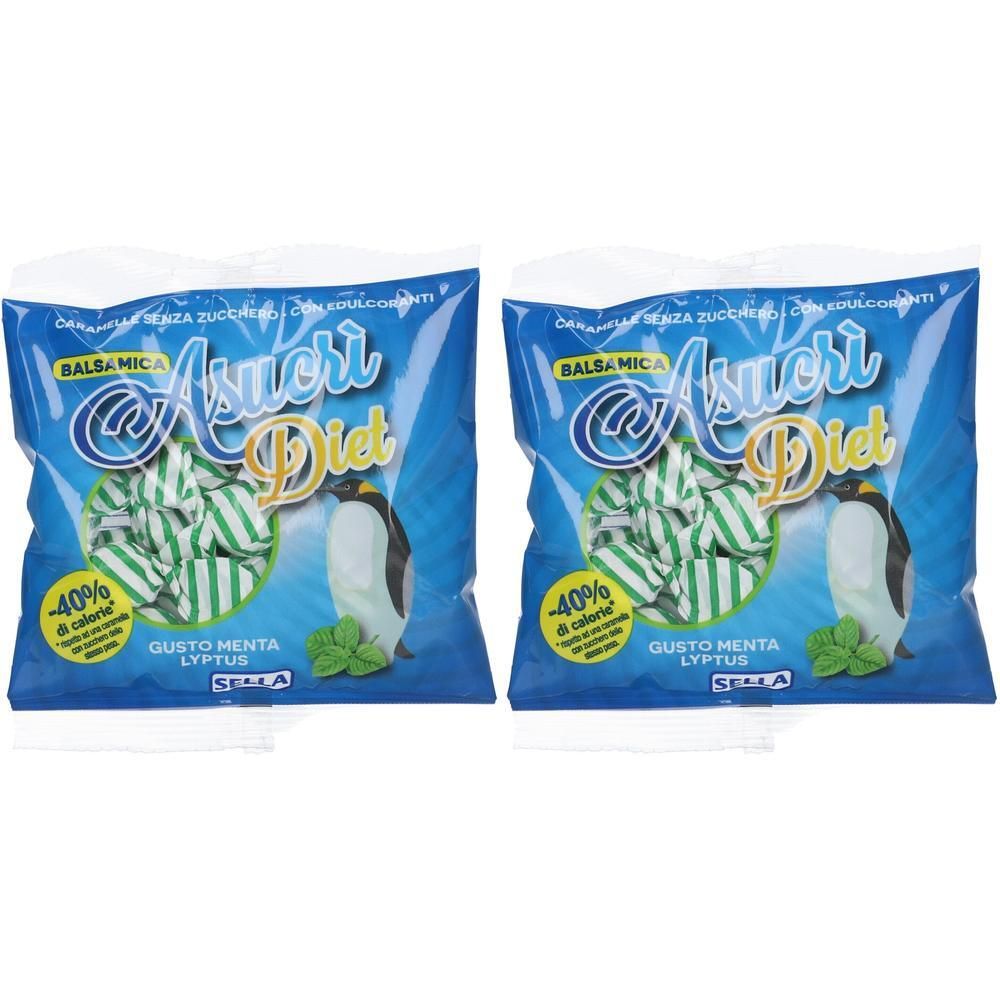 Due confezioni di caramelle senza zucchero gusto menta-eucalipto, "Asucri Diet".