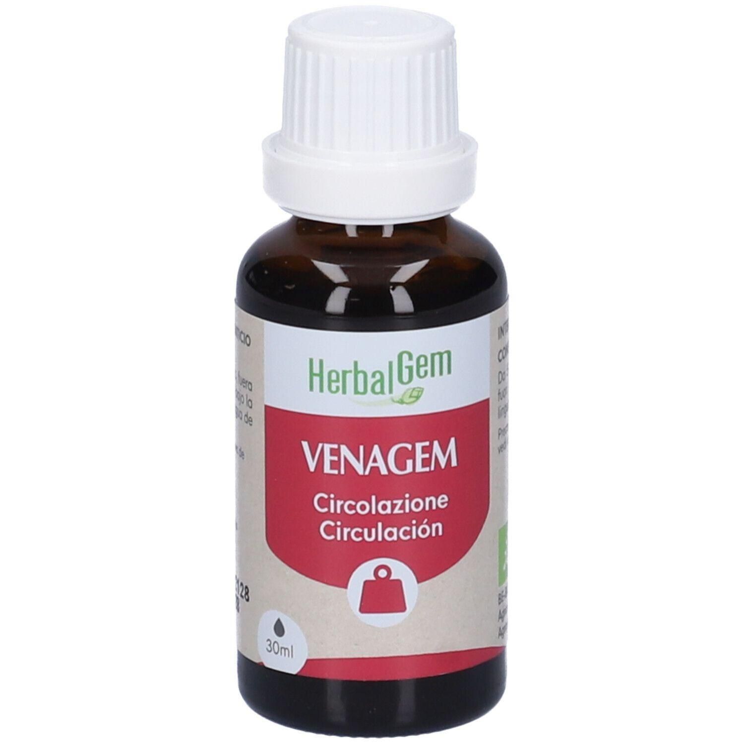 Flacone in vetro marrone con tappo contagocce bianco. Etichetta con logo HerbalGem, VENAGEM, Circolazione, Circulación.