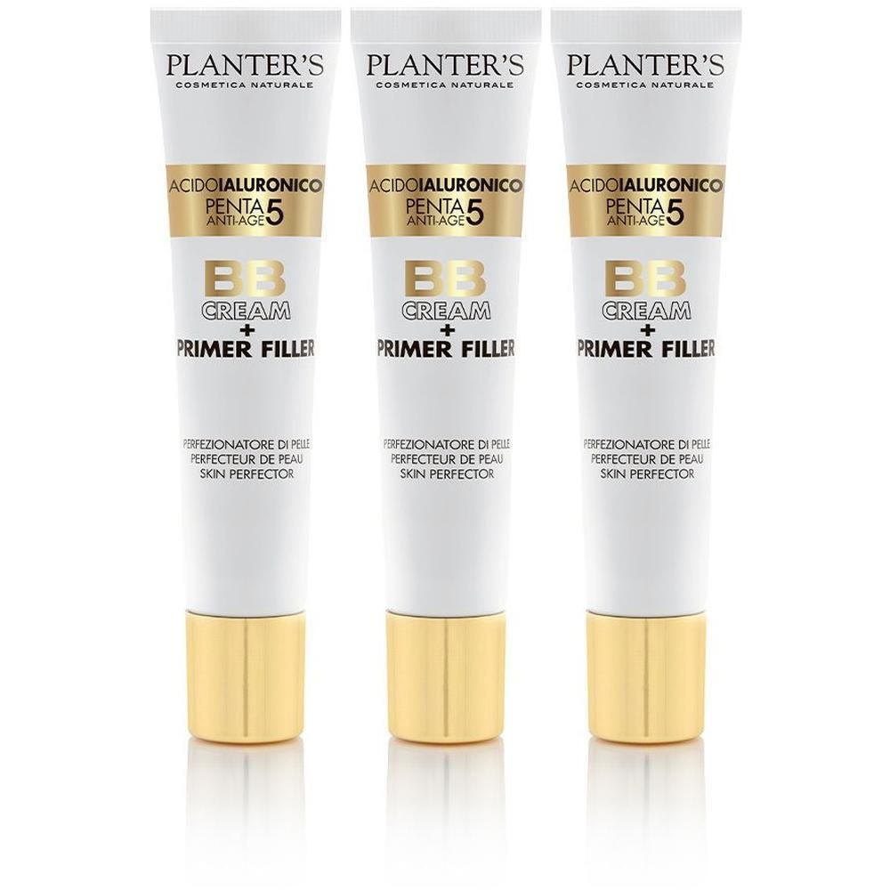 Tre tubetti di Planter's BB Cream Primer Filler con tappo dorato.