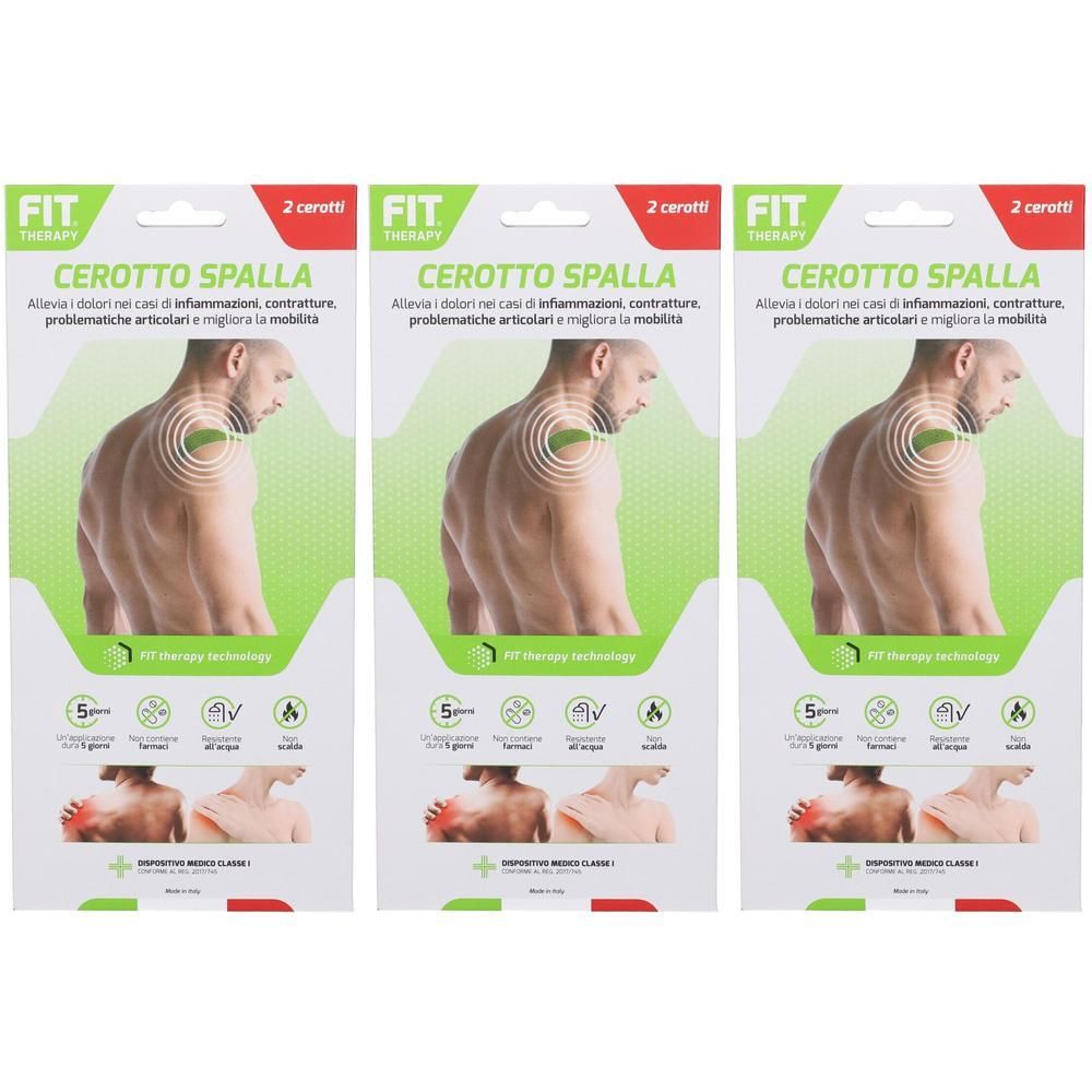 Confezione da 2 cerotti Fit Therapy per spalla, mostra uomo con dolore alla spalla.