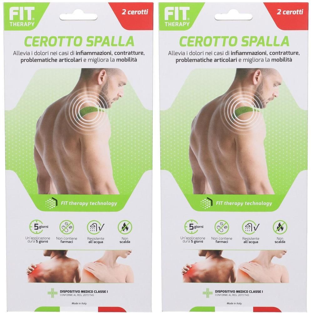 Due confezioni di cerotti per spalla Fit Therapy con immagini di un uomo e dolore alla spalla.