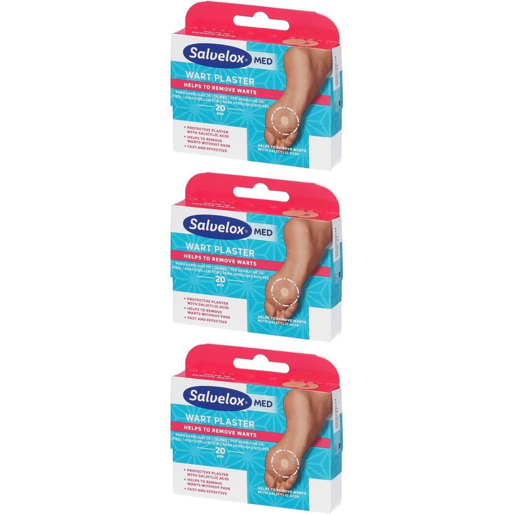 Tre confezioni di cerotti Salvelox Med per la rimozione delle verruche. Ogni confezione contiene 20 cerotti.